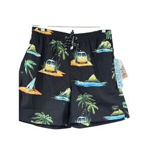 Spicy Tuna Mesh Lined Drawstring Swim Trunks Men Small black Retro VW Multi NWT